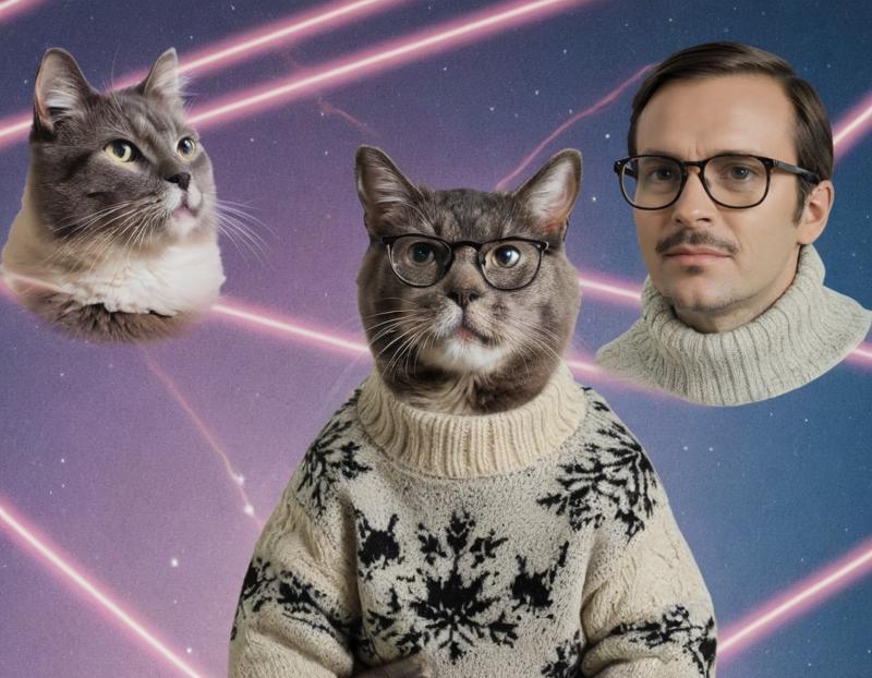 08468-530677581-dog wearing a sweater and glasses, holding a cat, laser background, meme, _lora_AwkwardCatPhoto-000007_0.75_ (photo inset of cat.png